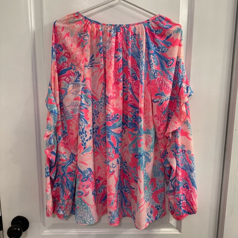 Lilly Pulitzer Elora Ruffle Sleeve Pascha Pink Aquadesiac Top Medium - Picture 2 of 8